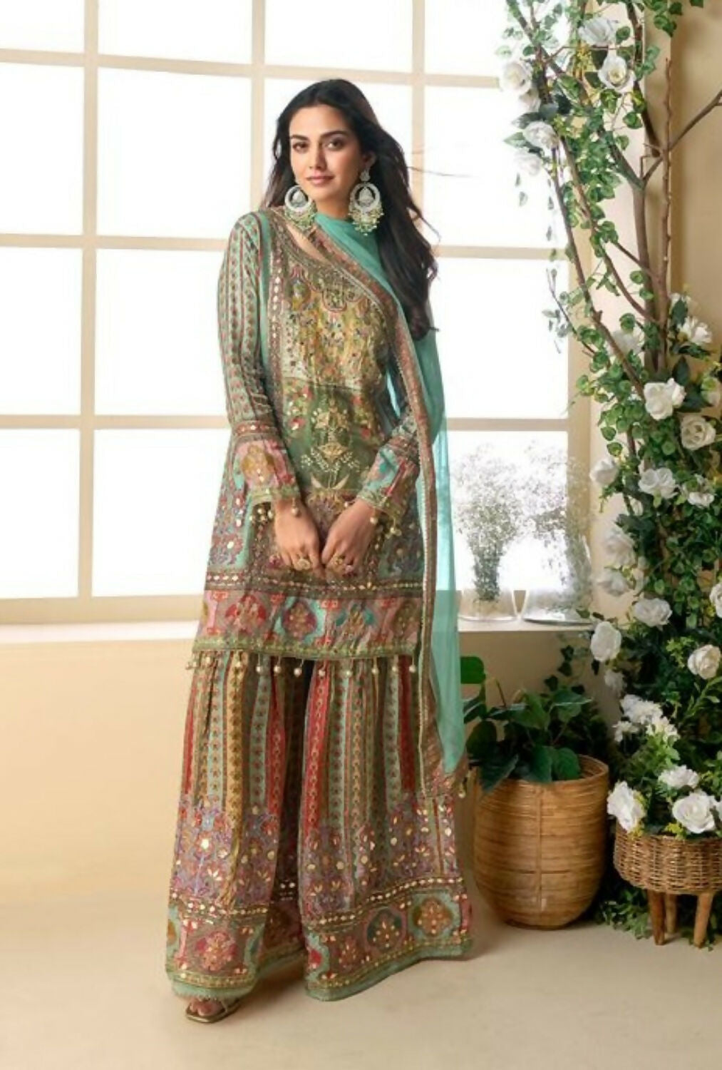 Anaita Sea Green Heavy Crepe Silk Ready Made Suit with Multi Digital Printed & Aari Work