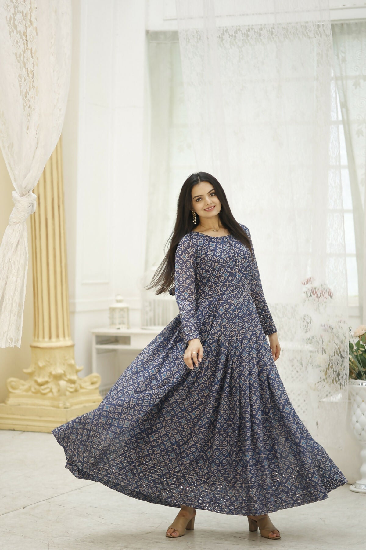 Aayaa Printed Faux Georgette with Embroidery Thread Sequins work Gown - Multi Color