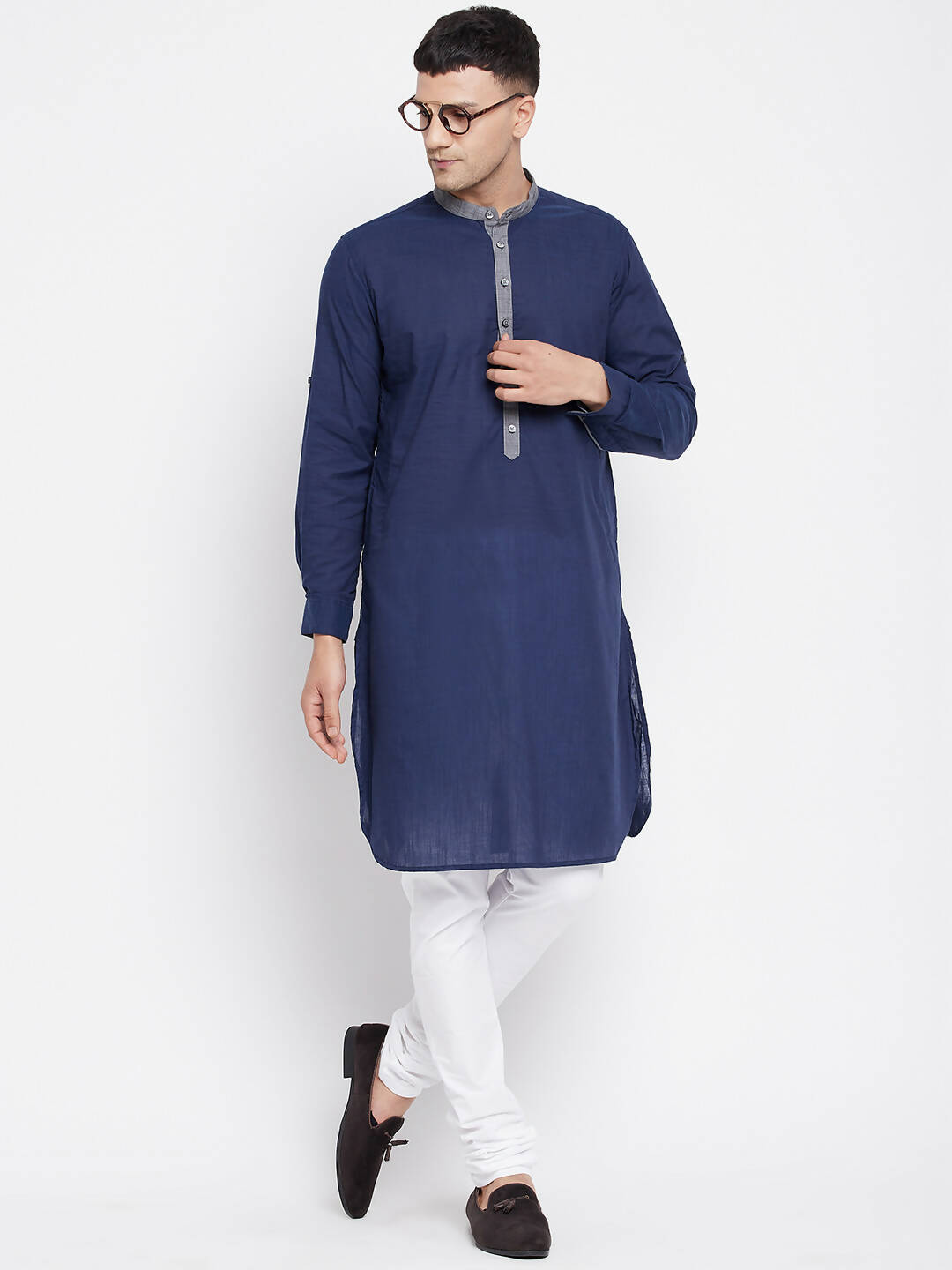Even Apparels Blue Pure Cotton Men's Kurta With Contrast Collar And Placket | Swadesiicart
