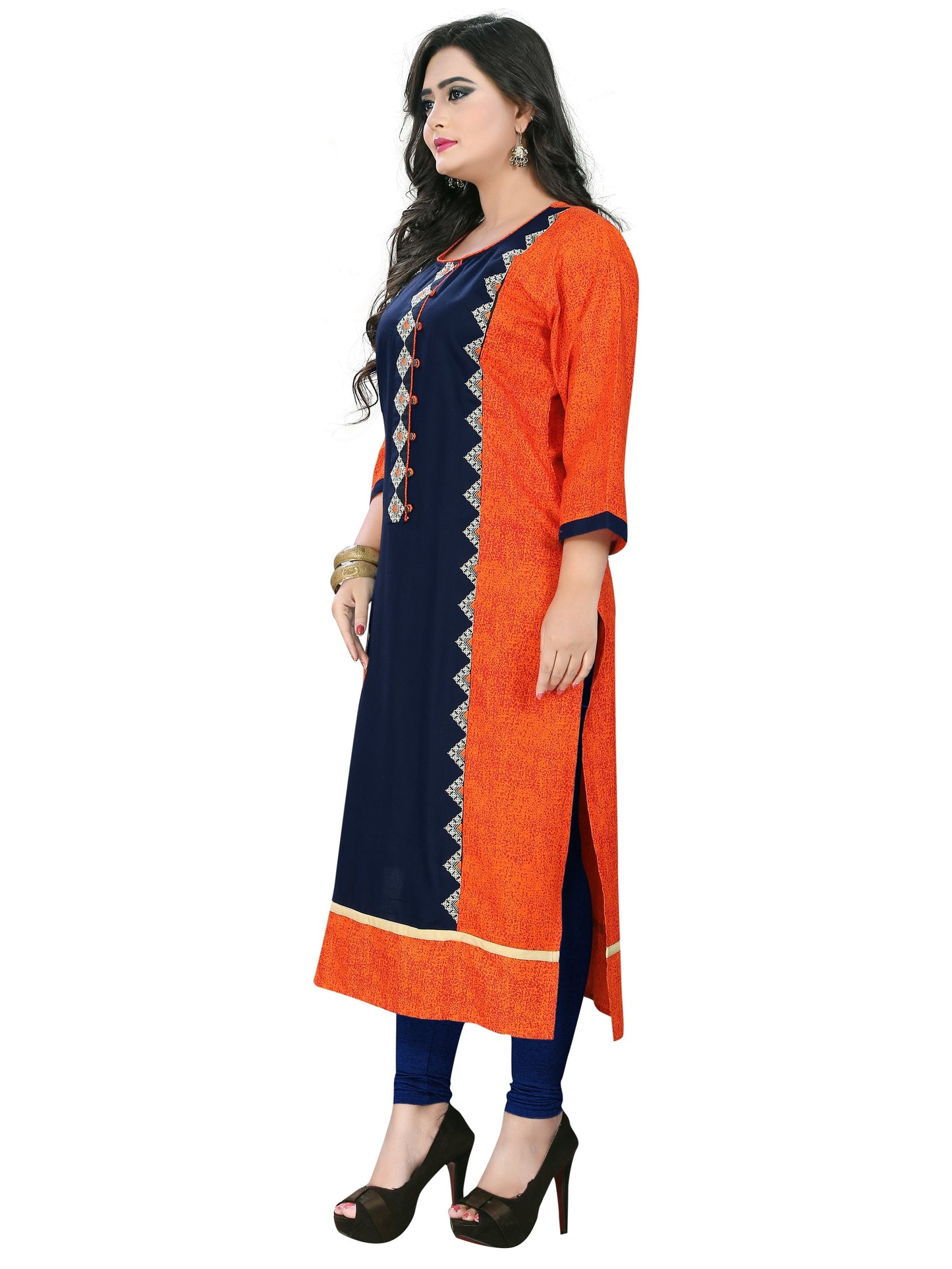 NOZ2TOZ Women Orange & Blue Rayon Kurta (1Pc) - Swadesiicart
