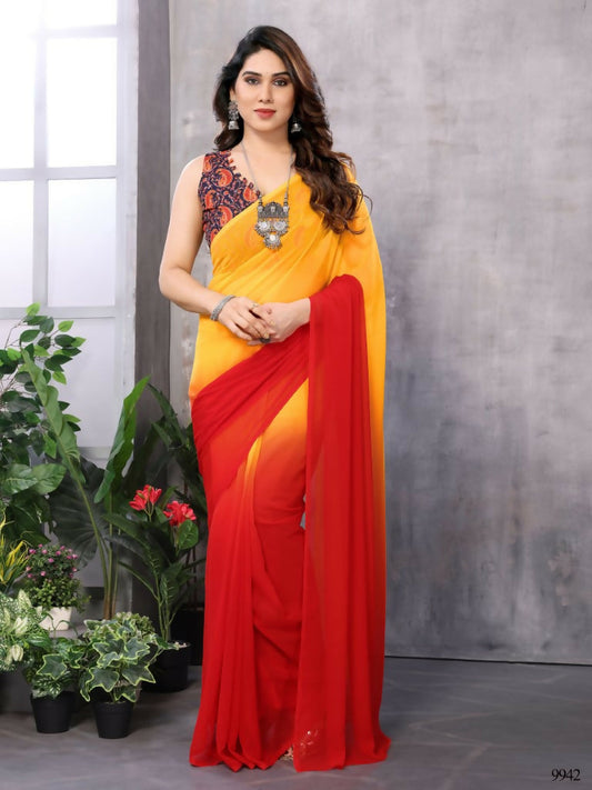 Partywear Designer Yellow & Red Georgette Fancy Saree - Satrangi | Swadesiicart