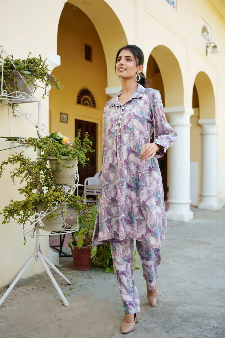 Vaasva Women Lavender Muslin Printed Shirt & Pant Set - Swadesiicart