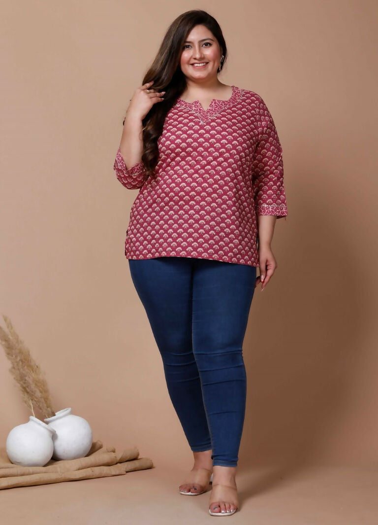 Miravan Women's Plus Size Pink Floral Printed Cotton Kurti - Swadesiicart
