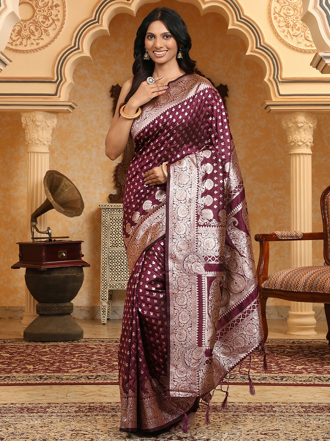 Astita Banarasi Silk Purple Saree | Swadesiicart