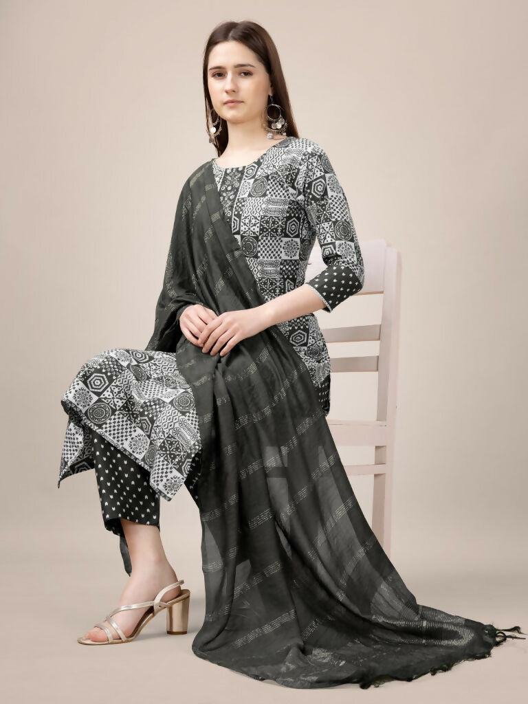 Jyoti Fashion Women's Black Rayon Print with Embroidery & Fancy Lace Work Kurta with Trouser & Dupatta | Swadesiicart