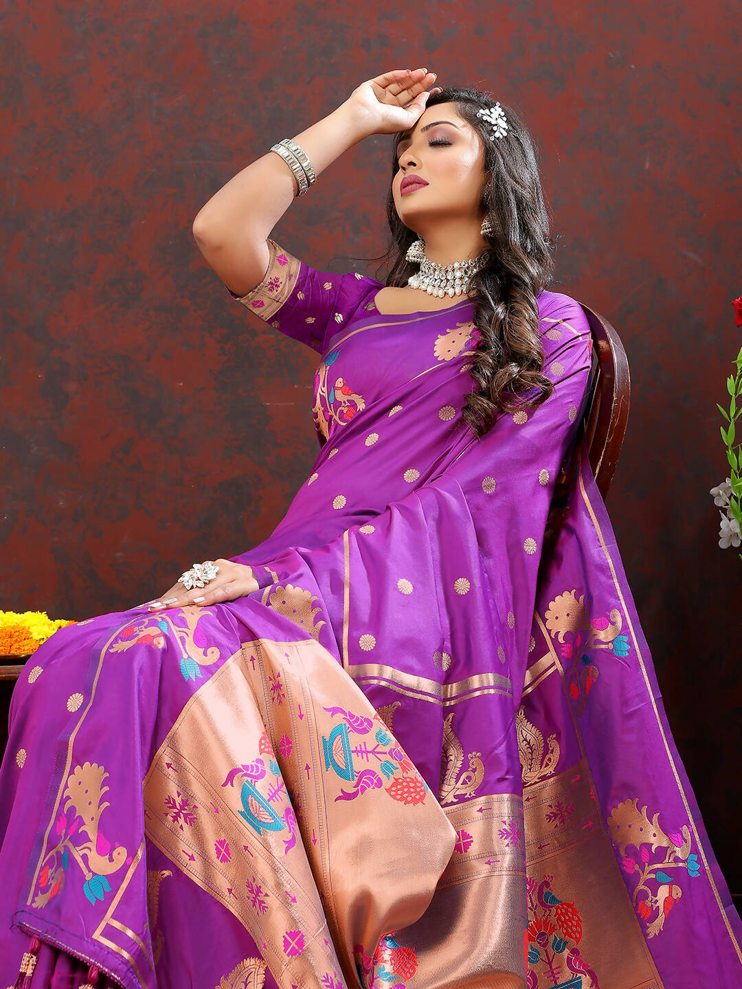 Lorenvalley Fashion Wine Soft Paithani Silk Woven Design Copper Zari Meenakari Weaving Saree - Swadesiicart