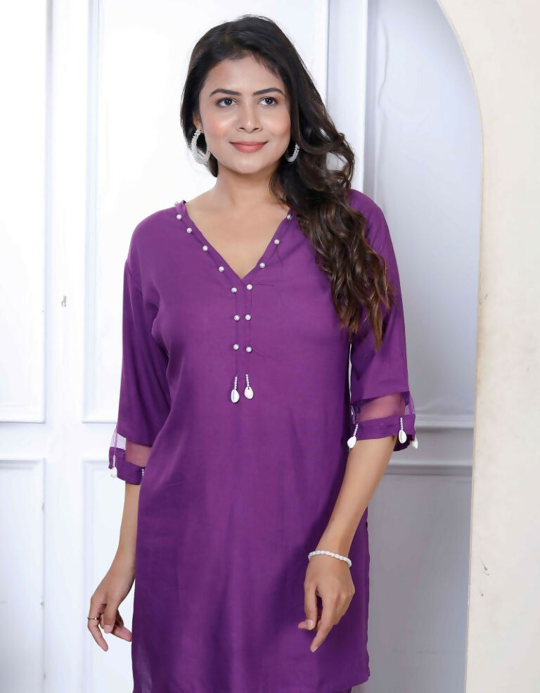 Miravan Women's Purple Solid Rayon Straight Co-Ord Set - Swadesiicart