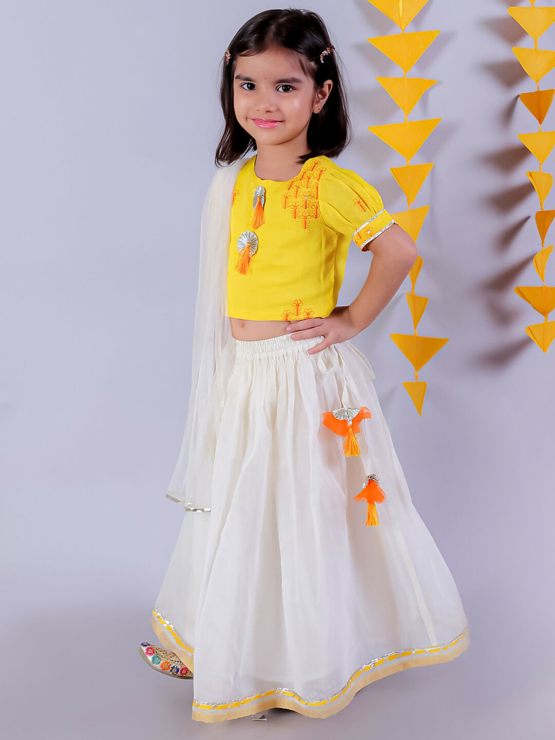 Lil Drama Festive Girls White Lehanga and Yellow Choli with Dupatta Ethnic Set | Swadesiicart