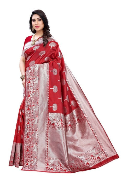 Vamika Banarasi Jacquard Weaving Red Saree (AMEE RED) | Swadesiicart