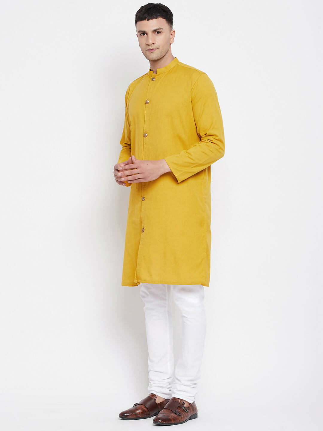 Even Apparels Yellow Pure Cotton Men's Sherwani Kurta With Open Front | Swadesiicart