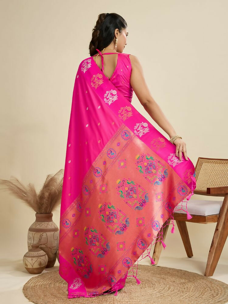 Vishnu Weaves Women's Pink Banarasi Silk Zari Woven Saree with Blouse - Swadesiicart