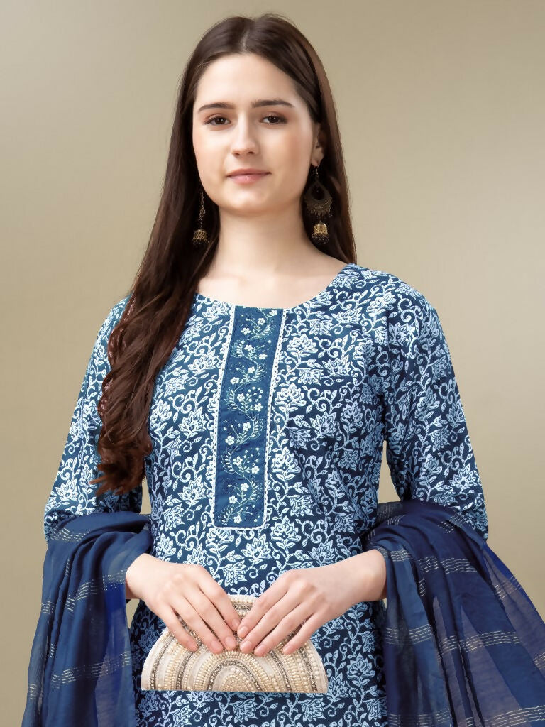 Jyoti Fashion Women's Light Blue Rayon Embroidery & Sequence work Kurta with Trouser & Dupatta | Swadesiicart