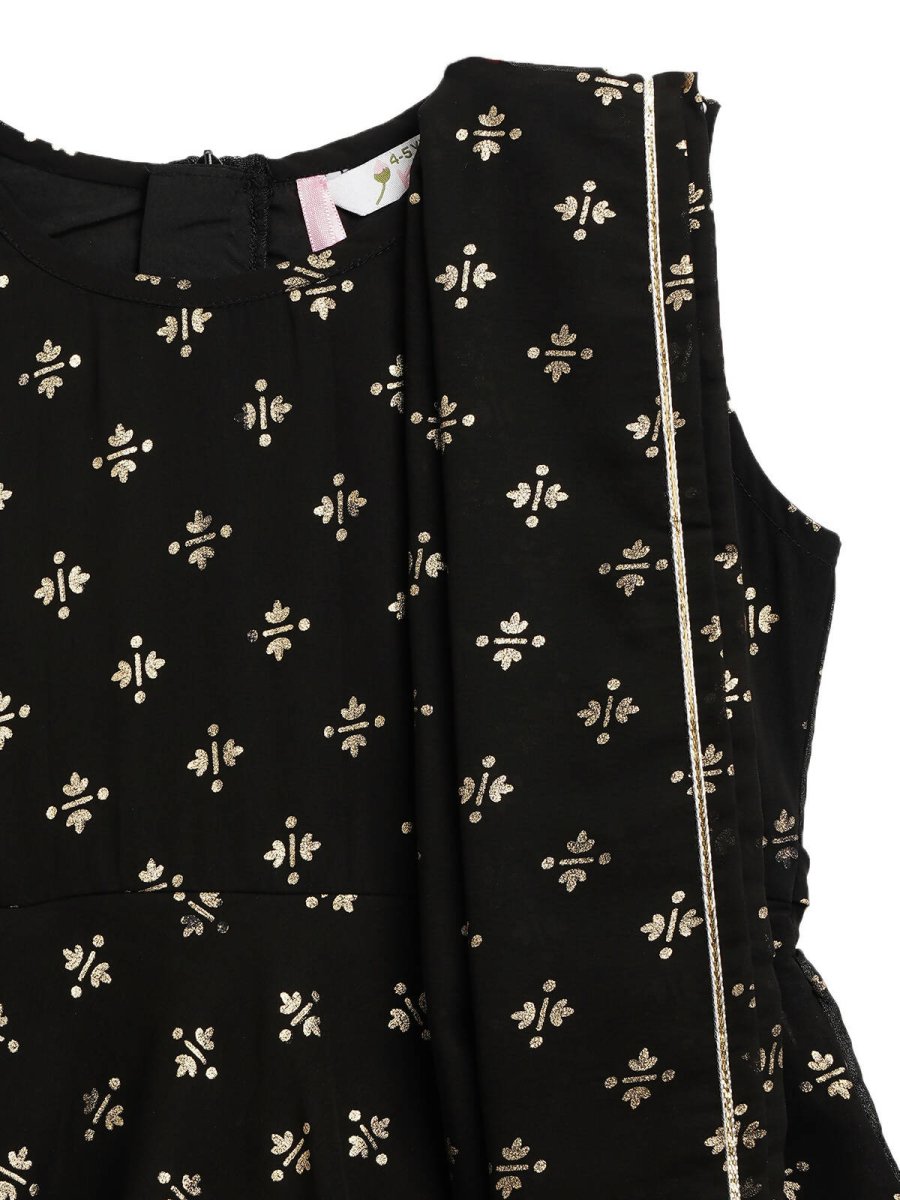 Ahalyaa Black Georgette Gold Foil Print Kids Peplum style Kurta Sharara Set With Dupatta For Girls | Swadesiicart