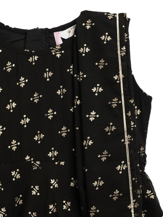 Ahalyaa Black Georgette Gold Foil Print Kids Peplum style Kurta Sharara Set With Dupatta For Girls | Swadesiicart