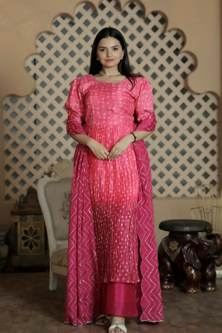 Jyoti Fashion Women's Pink Muslin Floral Print with Crush Pleating Kurta with Trouser & Dupatta | Swadesiicart