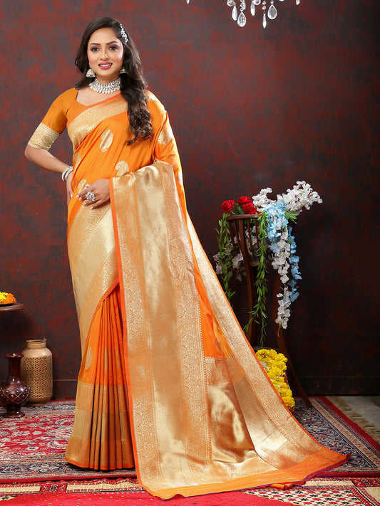 Lorenvalley Fashion Orange Soft Silk Woven Design Gold Zari Weaving Saree - Swadesiicart