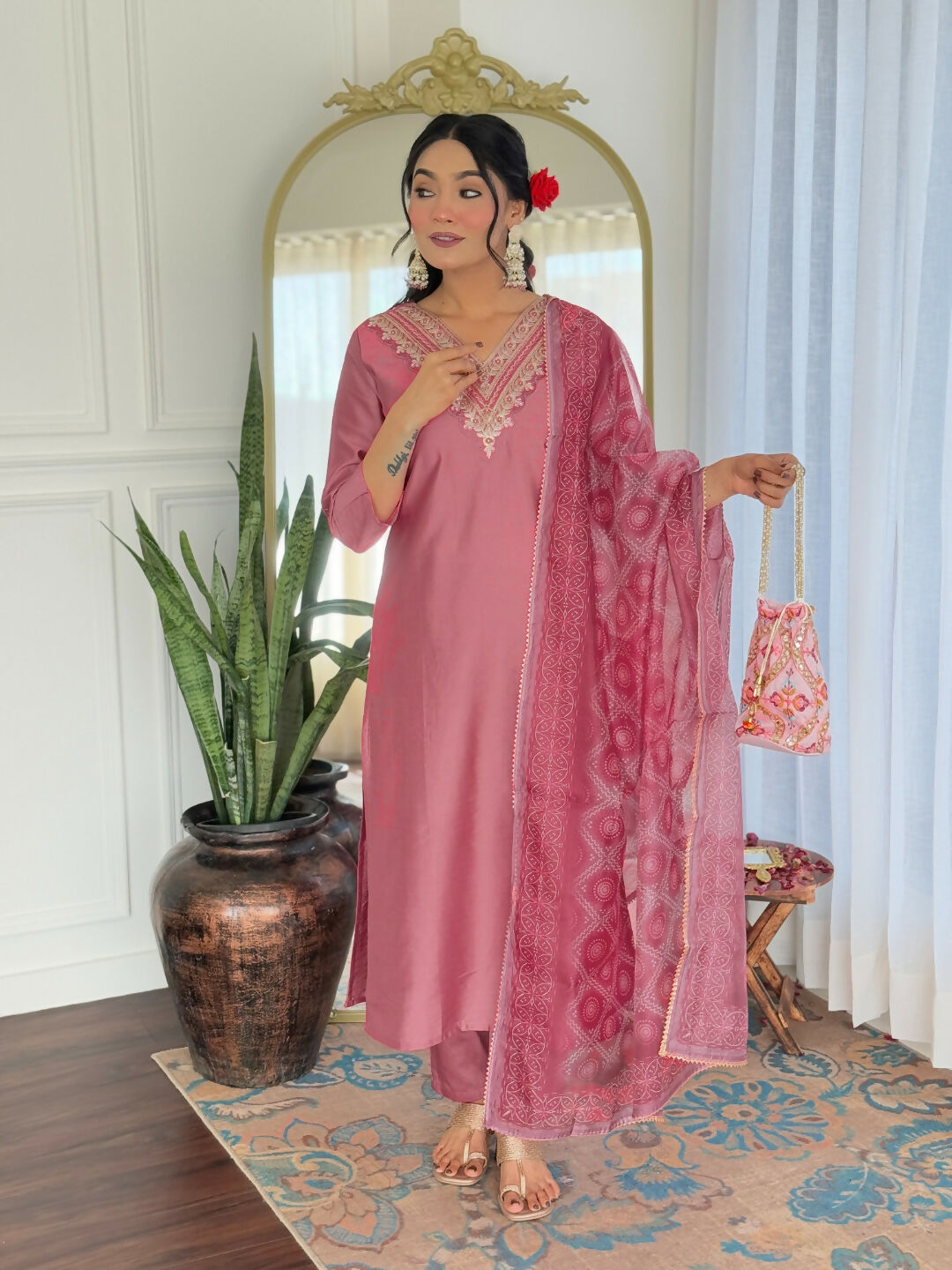 The52 Gajri Women's Beautiful Embroidered Rayon Fabric with Straight Kurta, Pant and Dupatta Set - Swadesiicart