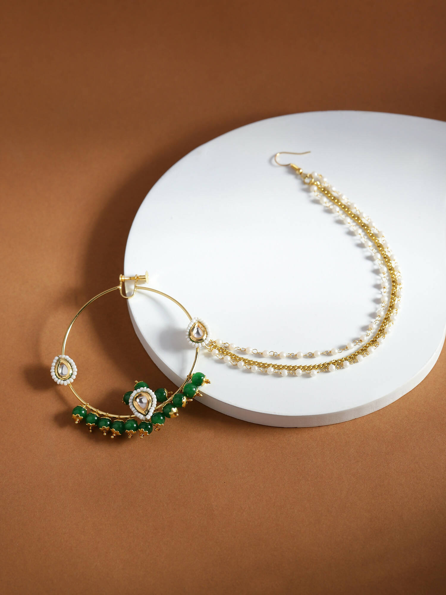 Gold-Polished White Green Kundan-Studded Pearl Beaded Nosepin - Ruby Raang | Swadesiicart