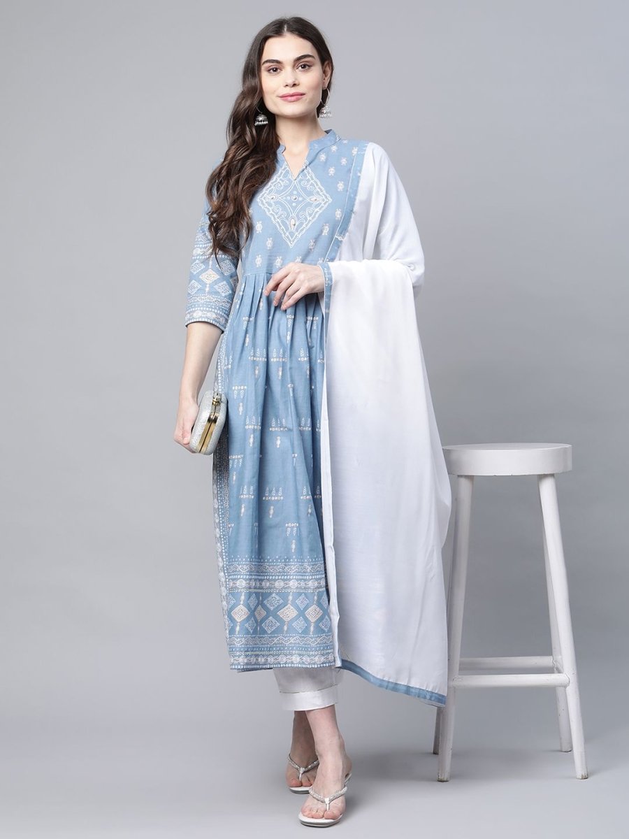 Ahalyaa Women Pastel Blue Pure Cotton Printed Kurta Pant Set With Dupatta | Swadesiicart