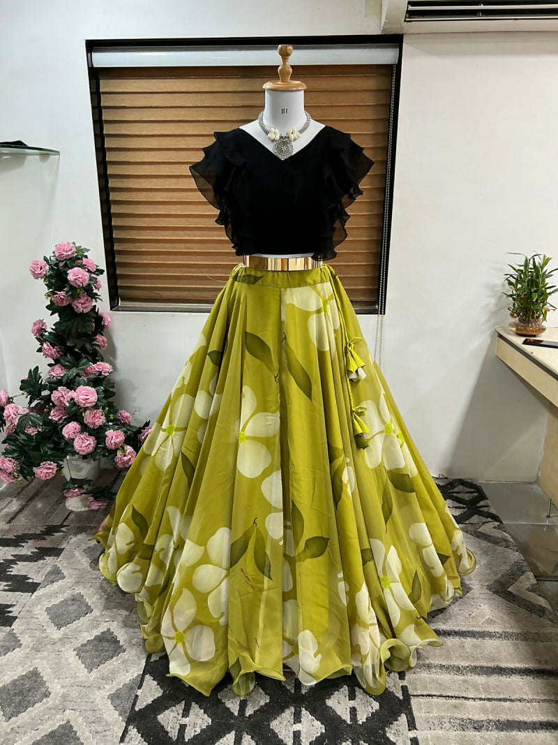 Dishitha Creation Floral Printed Stitched Lehenga & Crop Top - Black & Green | Swadesiicart