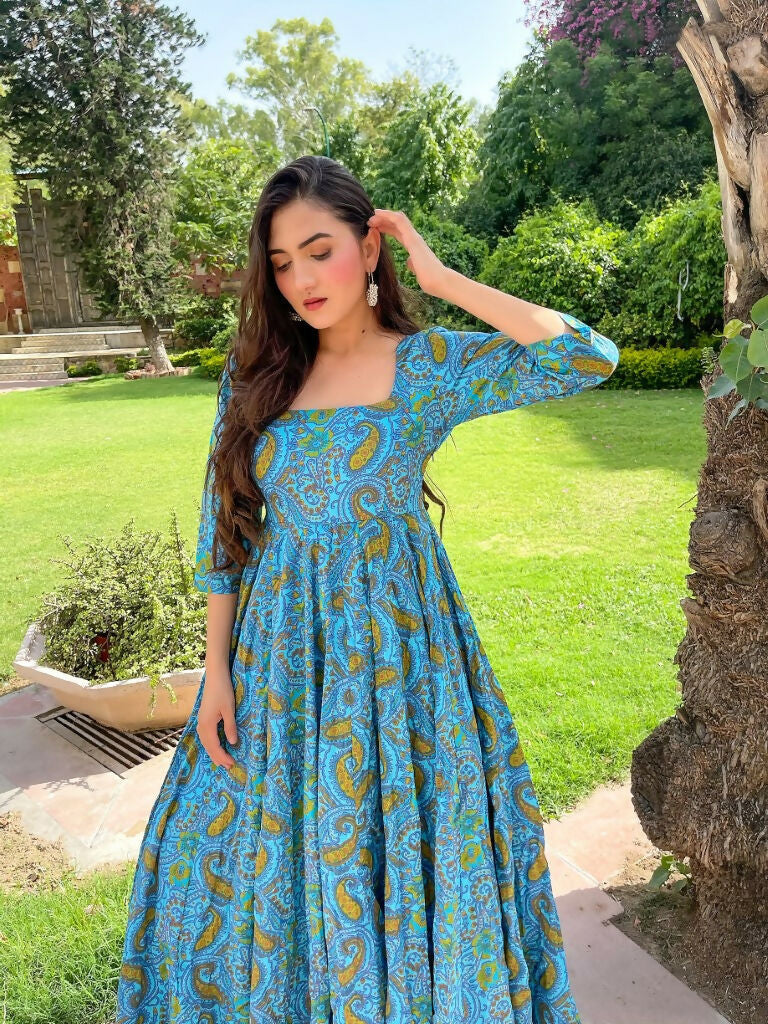 Jyoti Fashion Women's Turquoise Heavy Digital Printed Cotton Silk Anarkali Dress | Swadesiicart