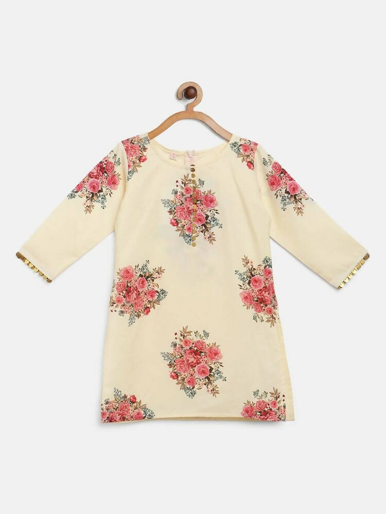 Ahalyaa Beige Crepe Floral Printed Kids Kurta Palazzo Set With Dupatta For Girls | Swadesiicart