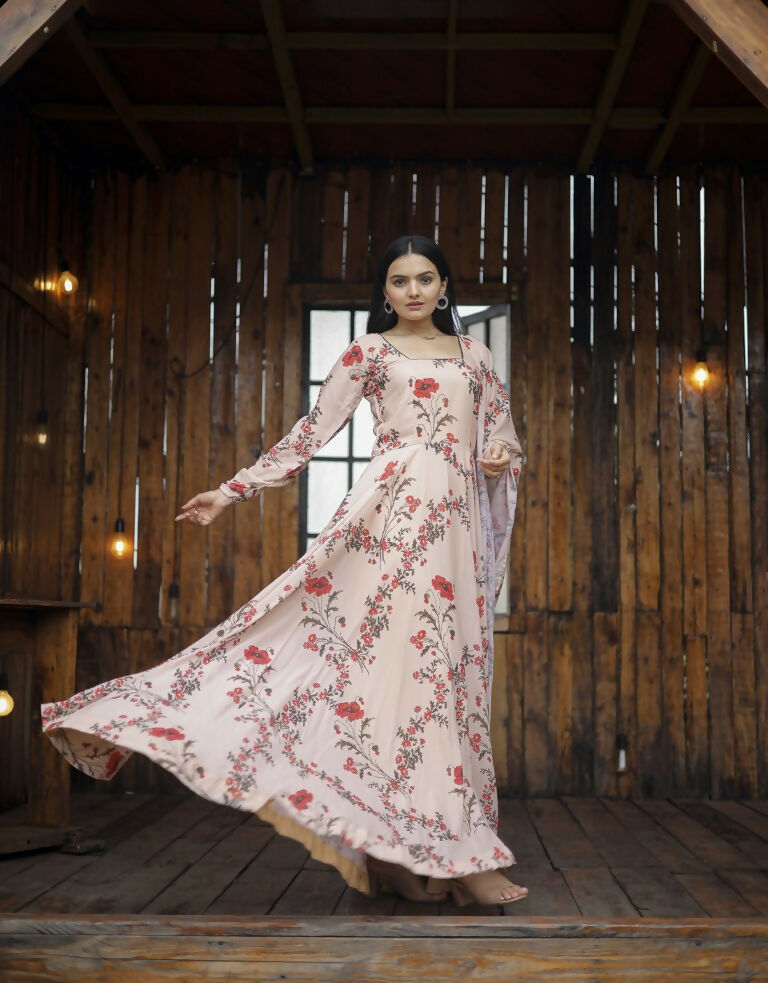 Jyoti Fashion Women's Cream Faux Georgette Floral Digital Printed Anarkali Dress with Dupatta | Swadesiicart