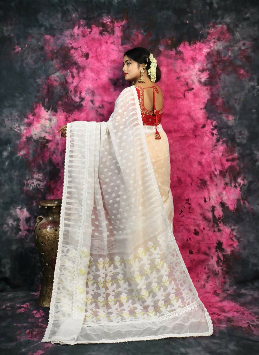 Exclusive Collection Beautiful White Jaal Jamdani Saree - Swadesiicart