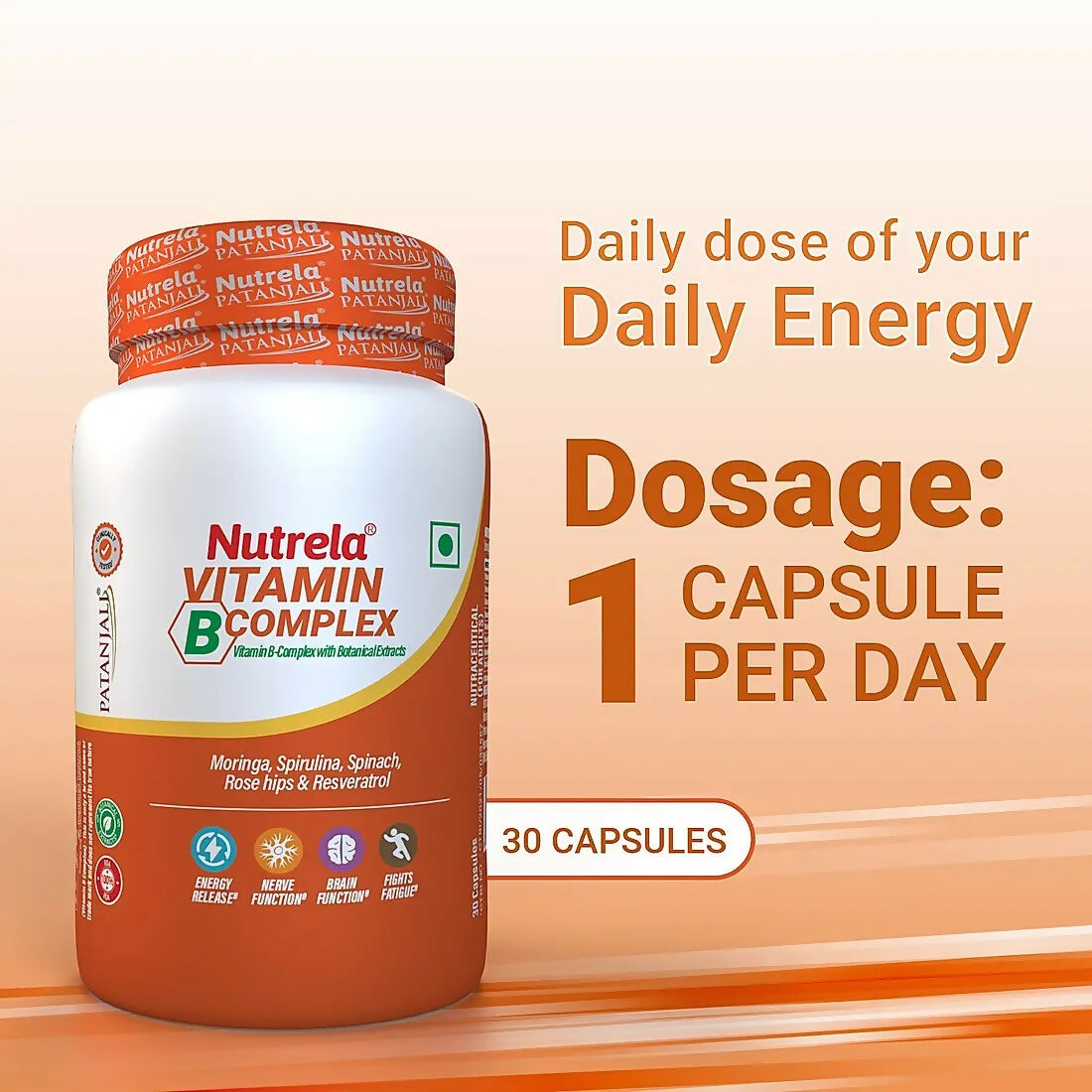 Patanjali Nutrela Vitamin B-Complex Capsules | Complete B Vitamins for Energy & Nerve Health - Swadesiicart