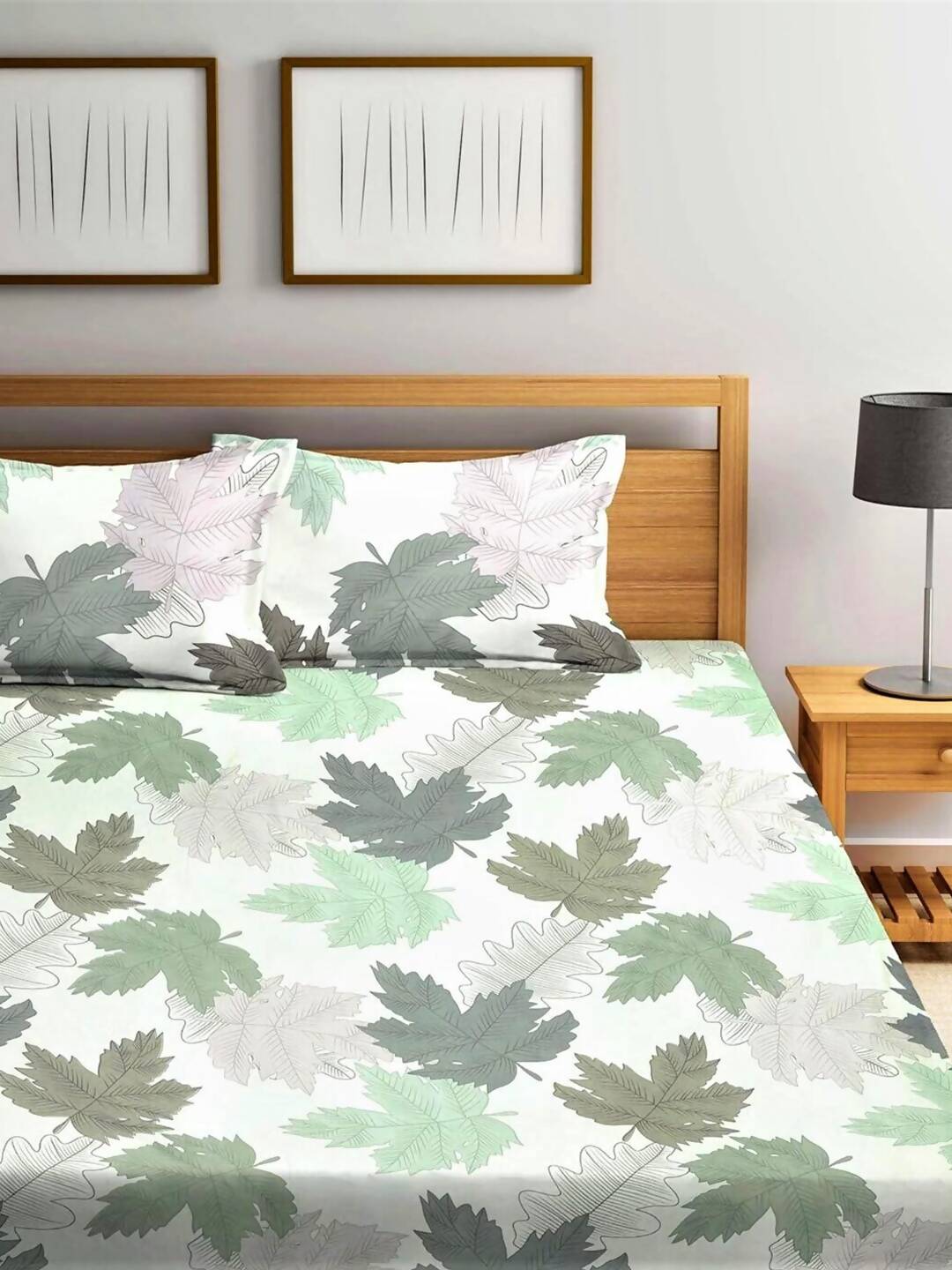 Home Sizzler White & Green Floral 210 TC Bedsheet with Pillow Covers - Swadesiicart