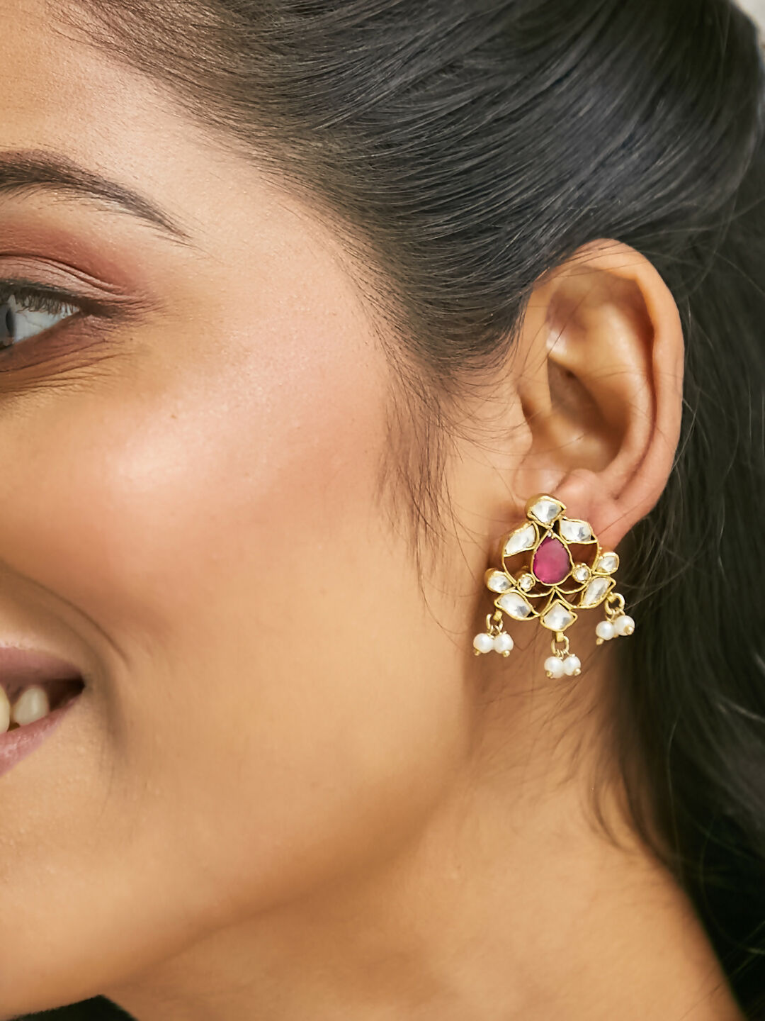 Nuyug 22K Gold-Plated Elegant Kundan & Ruby Stone Studded & Beaded Studs | Swadesiicart