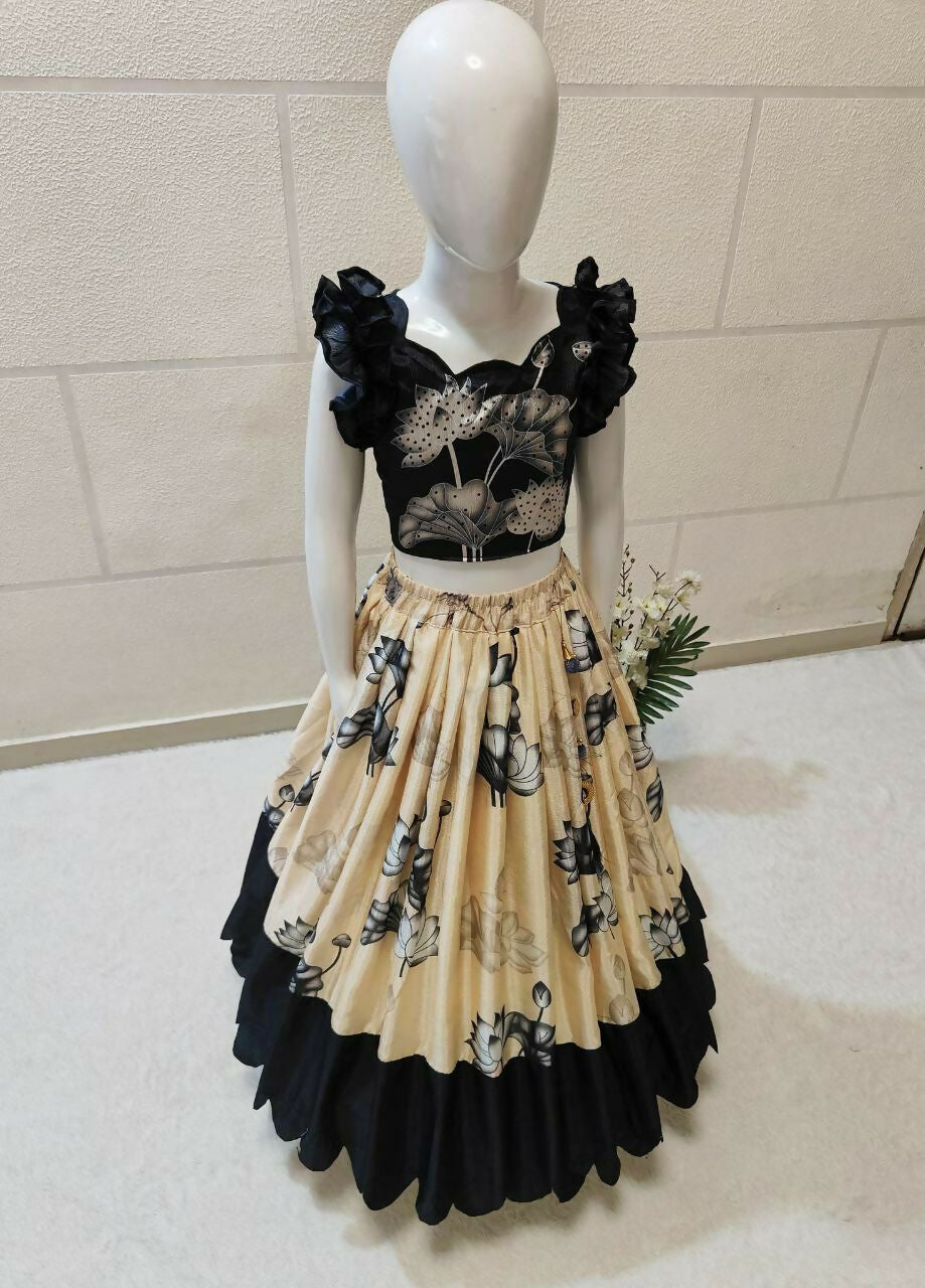 Jyoti Fashion Classy Cream Chinon Silk Digital Print with Border Work Kids Lehenga Choli Set | Swadesiicart
