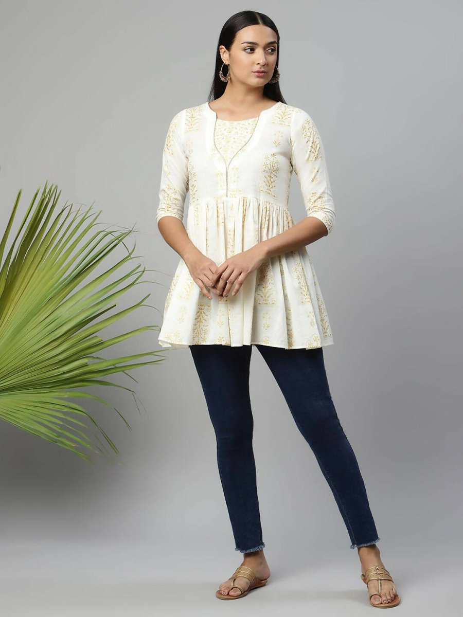 Ahalyaa Women Off White Beautiful Pure Cotton Printed Tunic | Swadesiicart
