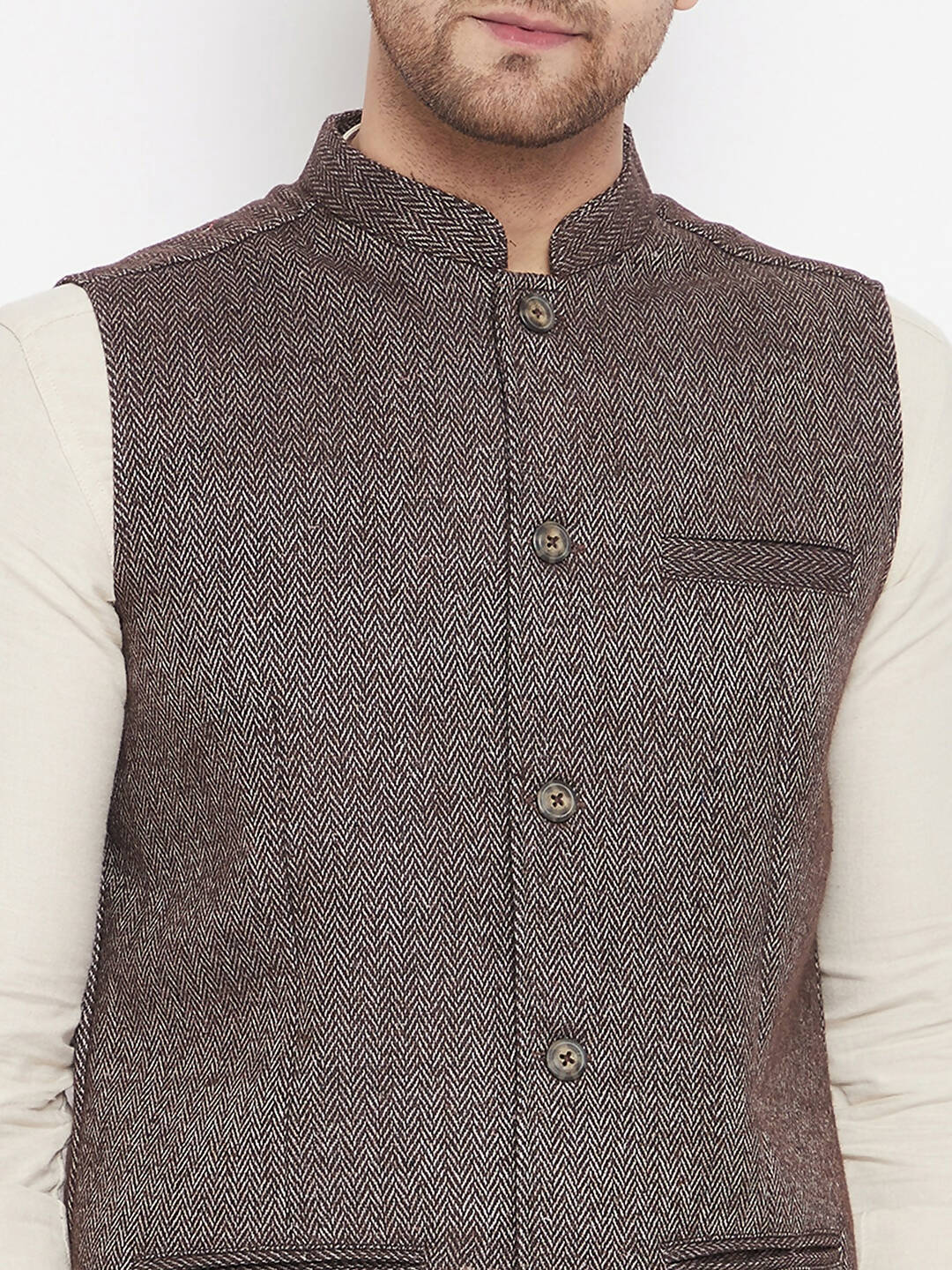 Even Apparels Brown Wool Men Woven Nehru Jacket | Swadesiicart