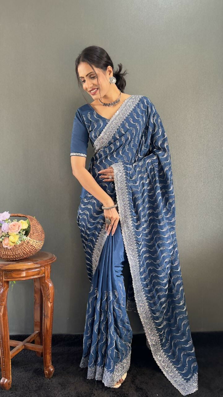 Vastranavya Sea Blue Chinnon Silk Embroidery Multi Sequence & Arco Cut Work Ready to Wear Saree | Swadesiicart