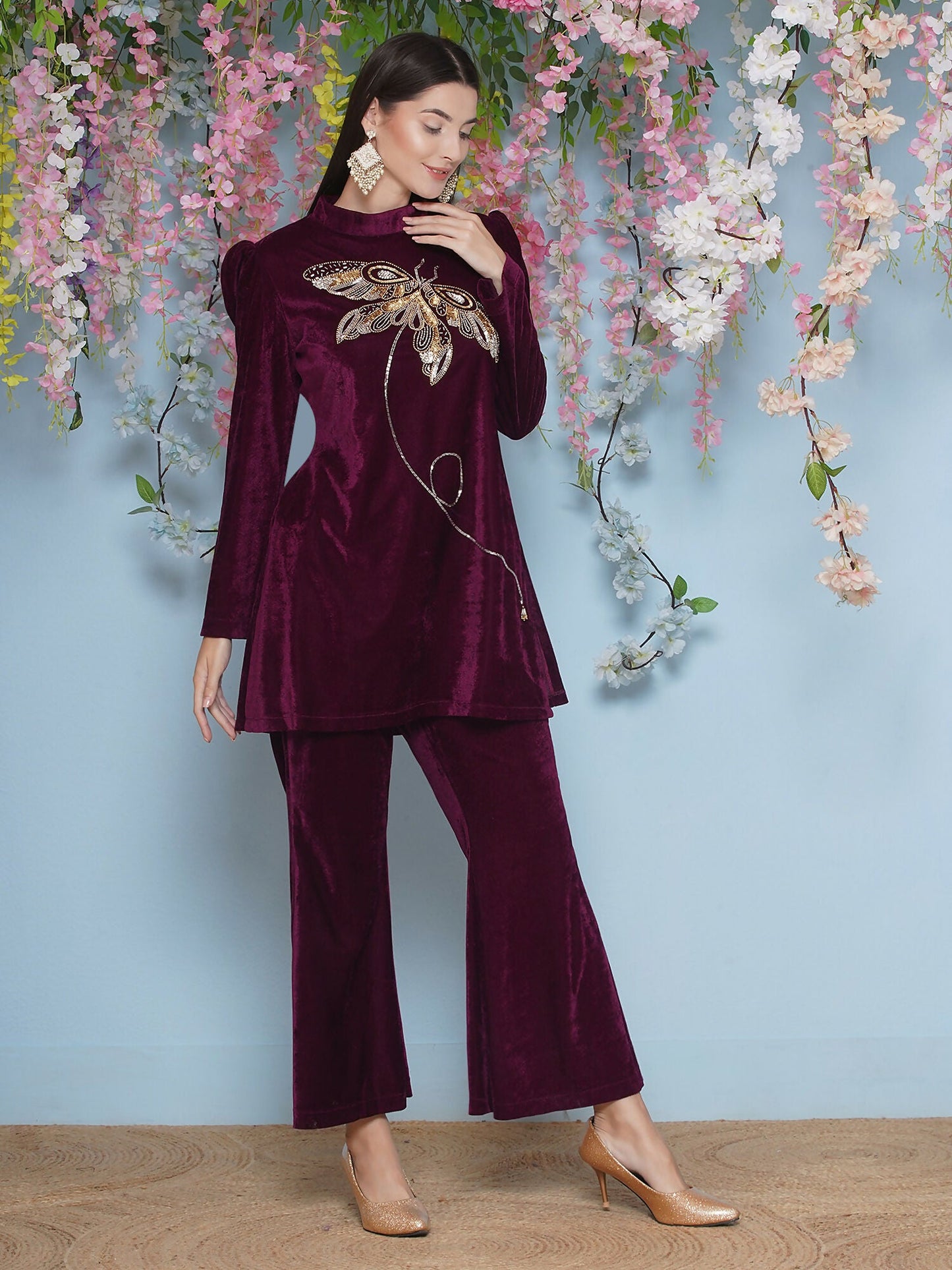 Joban Fashion Wine Velvet Hand Embellished Coord Set - Swadesiicart
