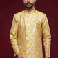 Raivat Ethnic Banarasi Jacquard Embroidery Semi Indo Western Sherwani In Cream Beige Colour | Swadesiicart