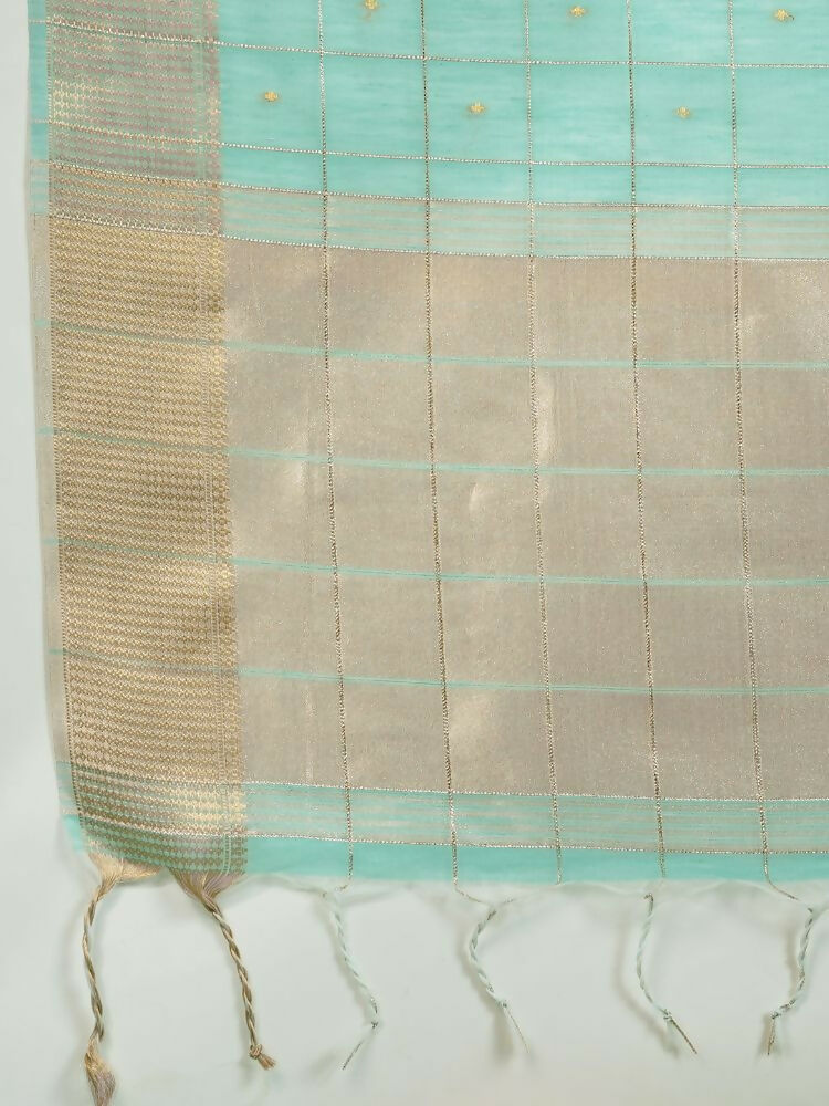 Vishnu Weaves Women's Sea-Green Soft Silk Zari Woven Saree with Blouse - Swadesiicart