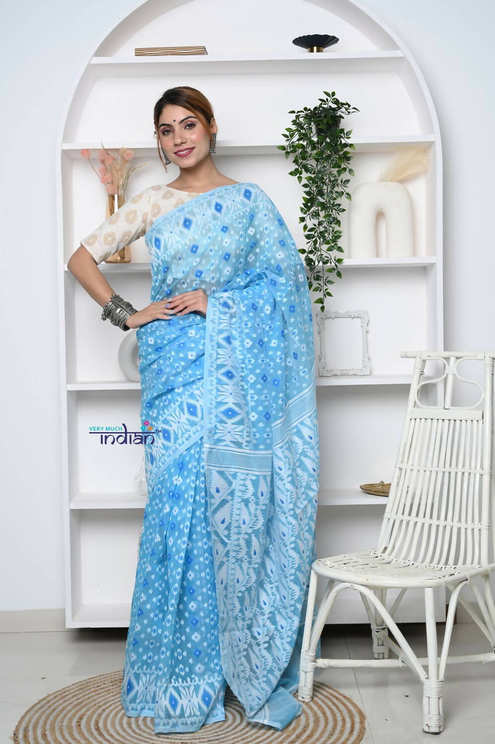 Very Much Indian Jamdhani Cotton Saree - Powder Blue | Swadesiicart