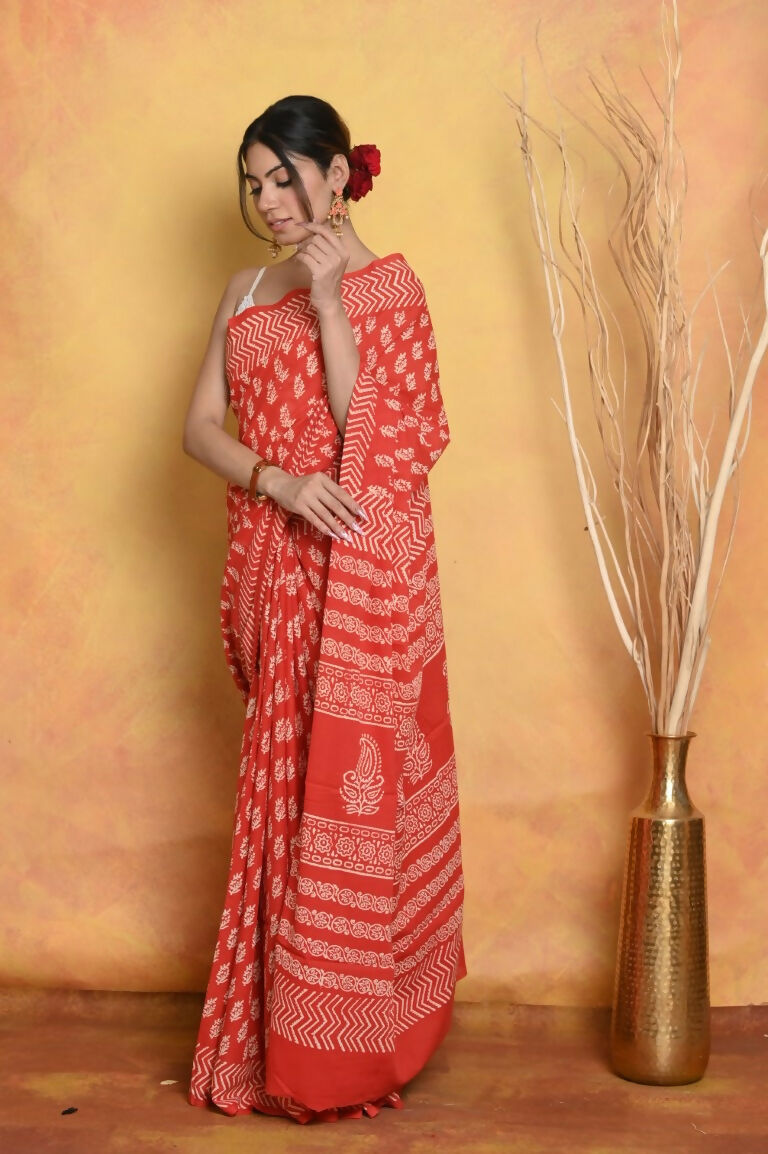 Very Much Indian Handblock Printed Cotton Saree With Natural Dyes - Orange | Swadesiicart