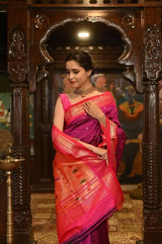 Very Much Indian Pure Silk Paithani With Most Magenta With Contrast Pink | Swadesiicart