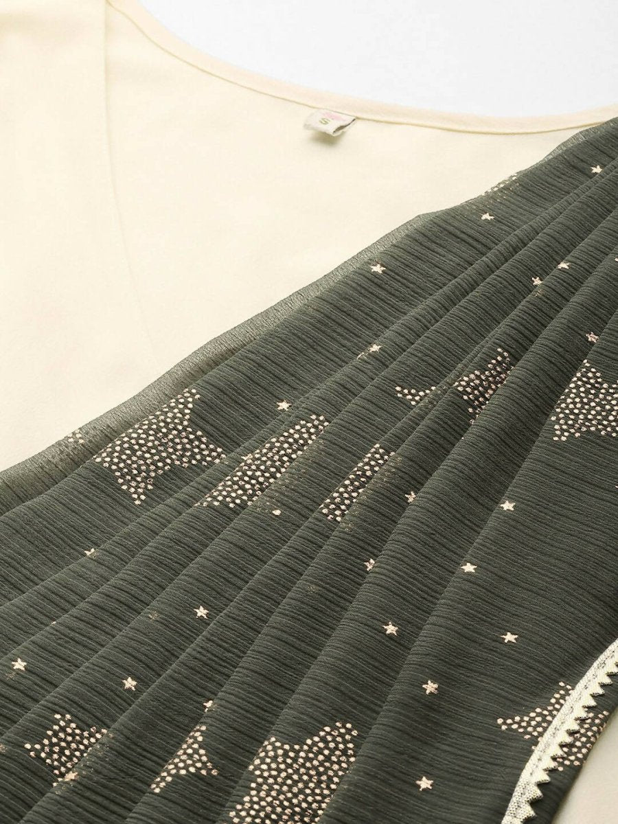 Ahalyaa Off White & Olive Green Ethnic Maxi Dress with Attached Dupatta | Swadesiicart