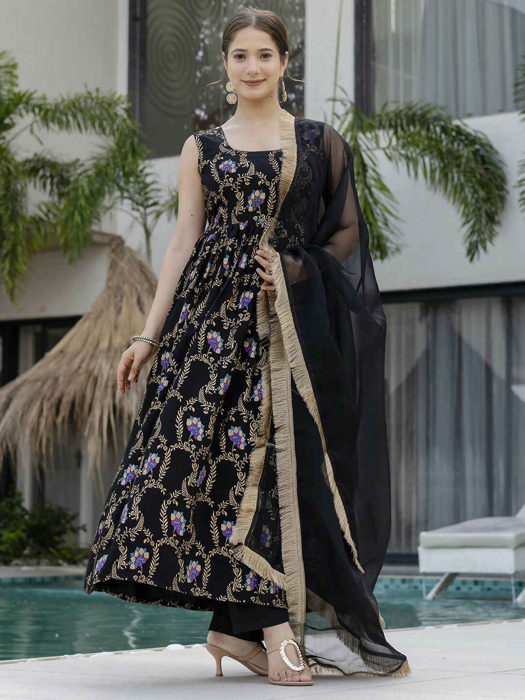 The52 Black Women's Gorgeous Printed Muslin Fabric Flared Kurta Pant and Dupatta Set - Swadesiicart