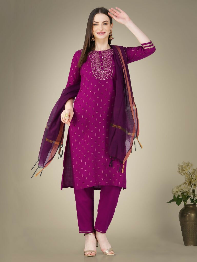 Jyoti Fashion Women's Purple Cotton Magic Slub Embroidery & Sequence work Kurta with Trouser & Dupatta | Swadesiicart