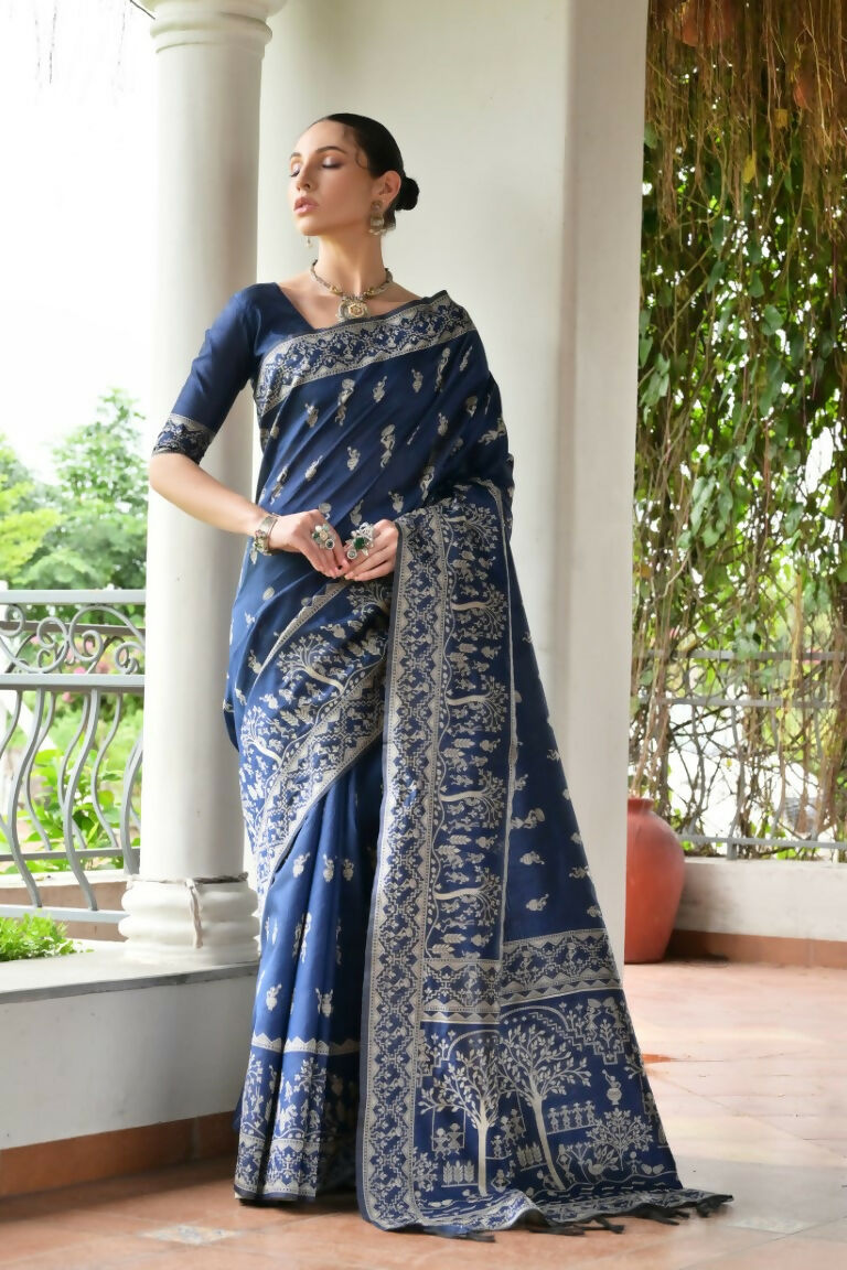 Vishnu Weaves Women's Blue Handloom Raw Silk Thread Weaving Saree with Blouse - Swadesiicart