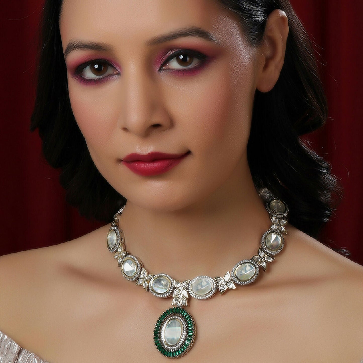 Gold and Silver Tone Neckpiece with Green Center Piece (Silver) - Ruby Raang | Swadesiicart
