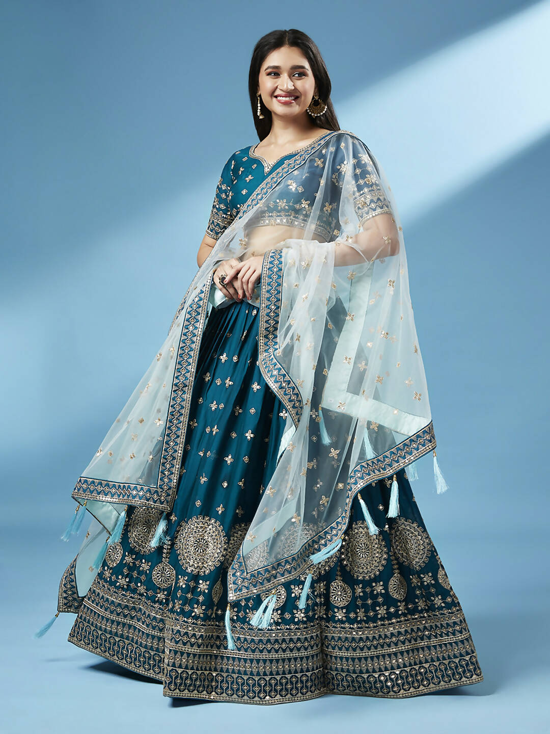 House of Panchhi Teal - Pure Georgette Embroidered Lehenga | Swadesiicart