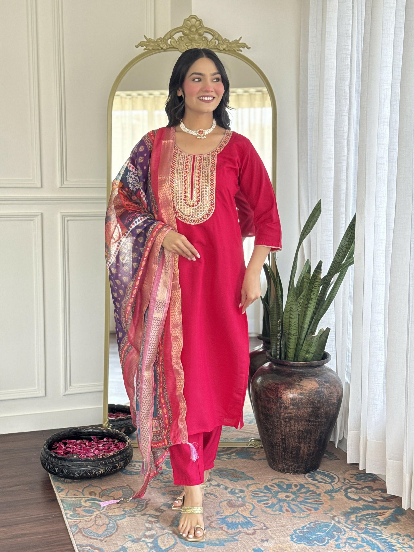 The52 Rani Gorgeous Embroidered Chanderi Silk Fabric Straight Kurta Pant with Dupatta Set - Swadesiicart