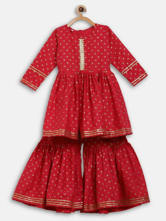 Ahalyaa Red Crepe Gold Printed Kids Kurta Sharara Set For Girls | Swadesiicart
