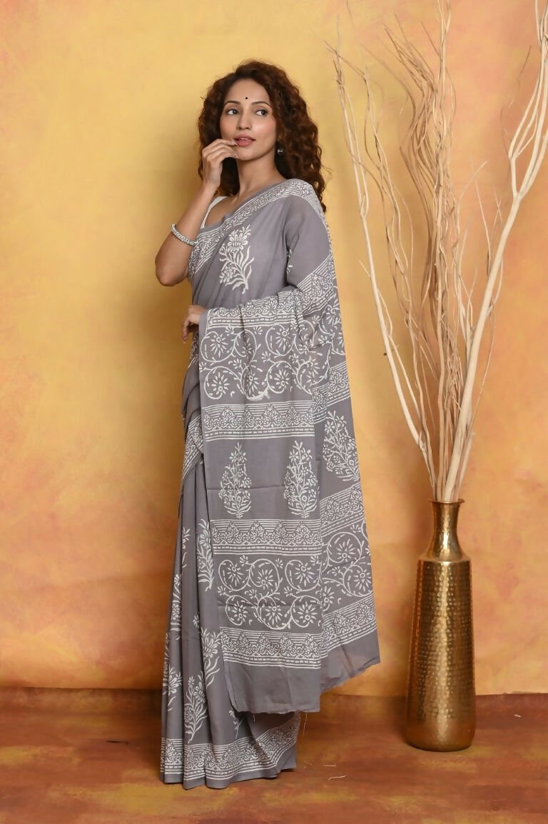 Very Much Indian Handblock Printed Cotton Saree With Natural Dyes - Grey | Swadesiicart